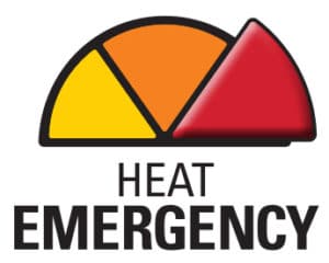 A half pie shape with three slices. One yellow, one orange and one red. The red slice is pronounced with the words heat emergency below