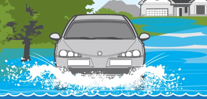 Illustration of car driving through flooded street