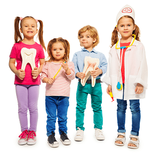 Image of four children with models of teeth