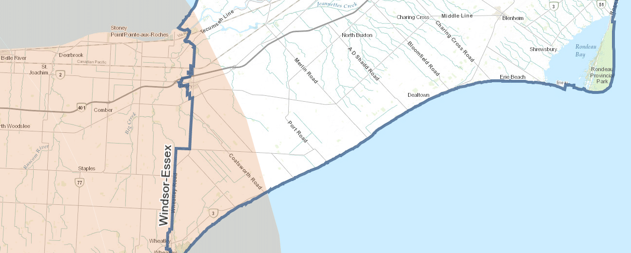 Image demonstrating that the Secondary Zone includes the western corner of Chatham Kent.