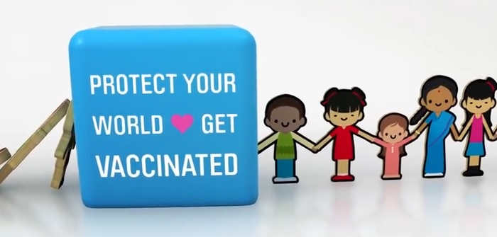 Image with a group of people holding hands and the words: protect your world get vaccinated