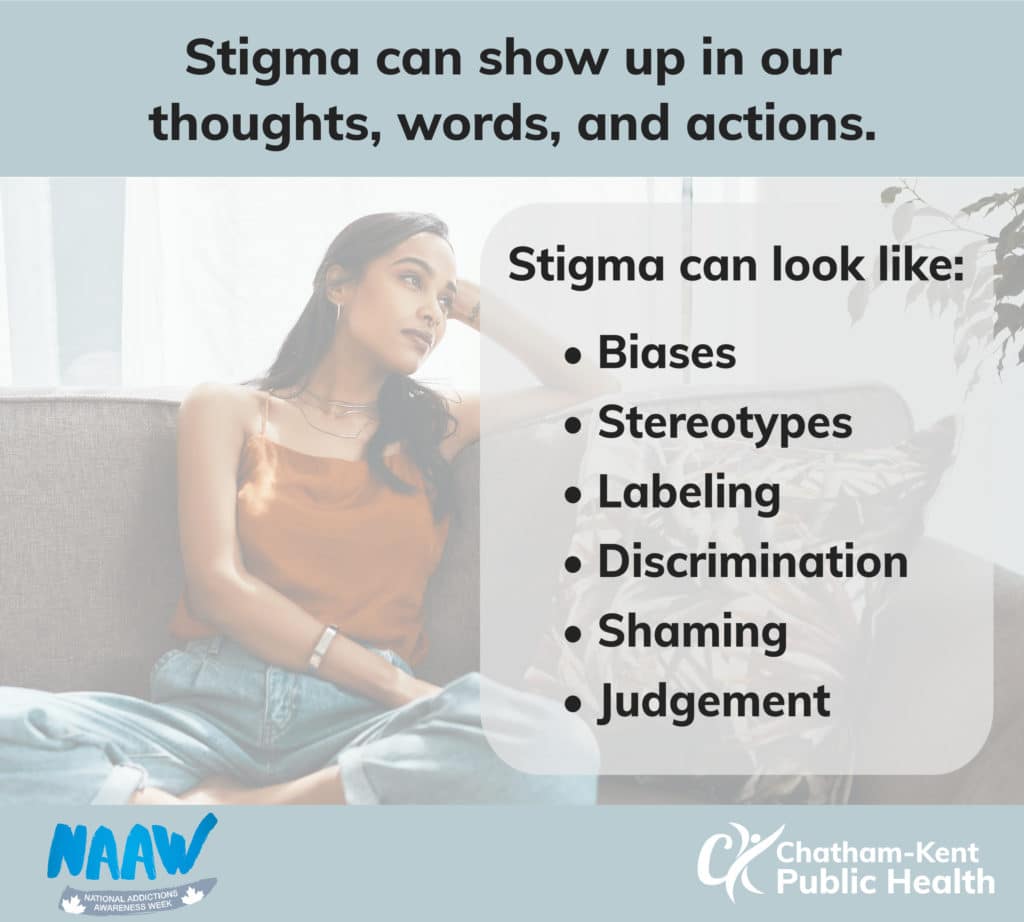 Stigma can show up in our thoughts, words and actions. Stigma can look like: biases, stereotypes, labeling, discrimination, shaming, judgement.