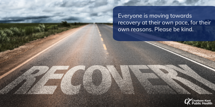 Photo of a road with the word recovery on it with text saying everyone is moving towards recovery at their own pace for their own reasons. Please be kind.