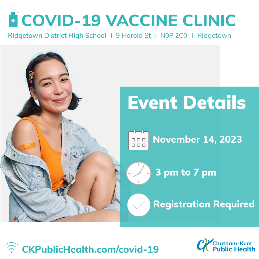 Ridgetown Covid-19 clinic at Ridgetown District High School on November 14, 2023 from 3pm to 7pm. Registration Required.