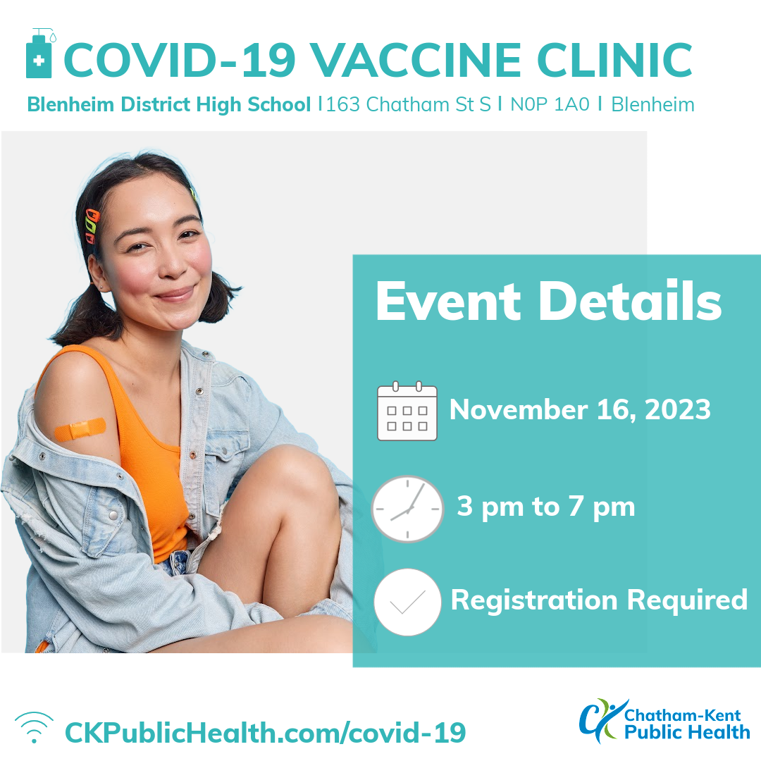 Covid-19 vaccine clinic. November 16, 2023 from 3pm to 7pm at Blenheim District High School in Blenheim. Registration Required.